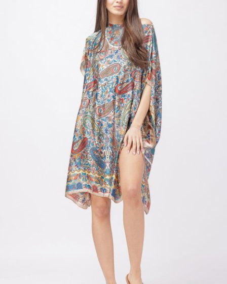 Rochie de plaja tip poncho din matase cu imprimeu paisley pe fond bej