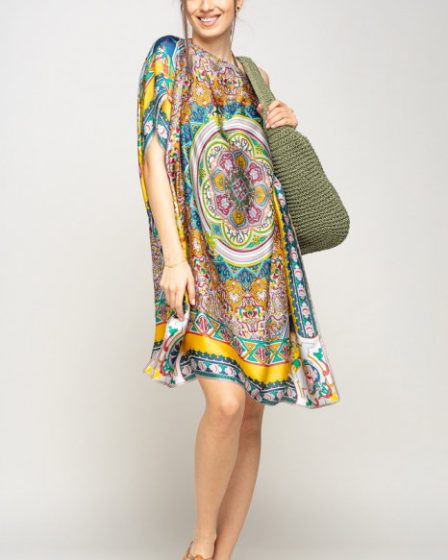 Rochie de plaja tip poncho din matase cu mandala centrala in chenar galben si gri