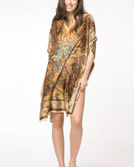 Rochie de plaja tip poncho din matase cu motive orientale pe fond bej