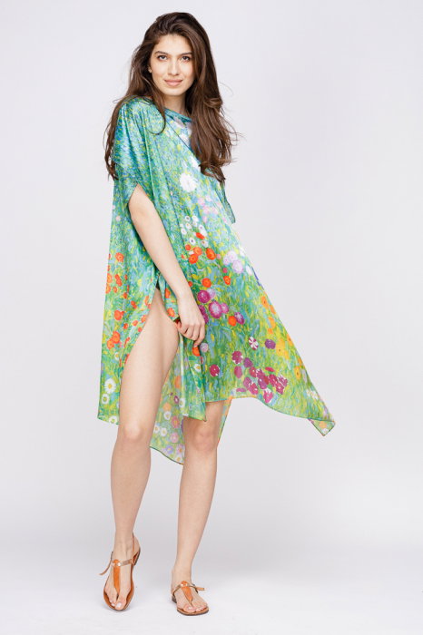 Rochie de plaja tip poncho din matase cu reproducere dupa Camp cu maci de Claude Monet