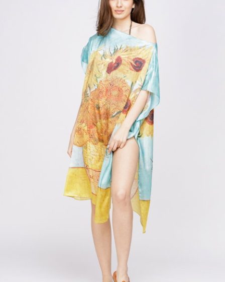 Rochie de plaja tip poncho din matase cu reproducere dupa    Floarea Soarelui   de Van Gogh