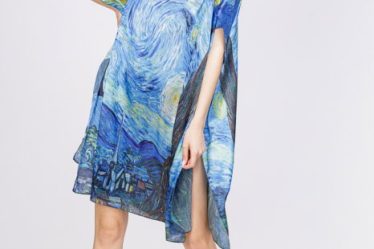 Rochie de plaja tip poncho din matase cu reproducere dupa    Noaptea Instelata   - de Van Gogh