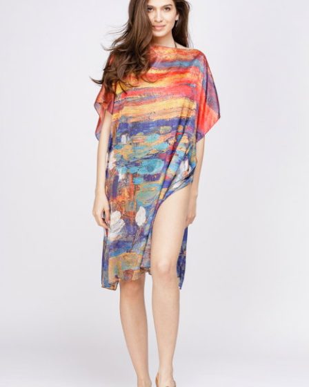 Rochie de plaja tip poncho din matase cu reproducere dupa o pictura celebra