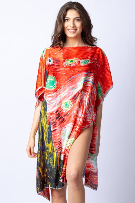 Rochie de plaja tip poncho din matase cu stilizare Noaptea Instelata pe fond rosu