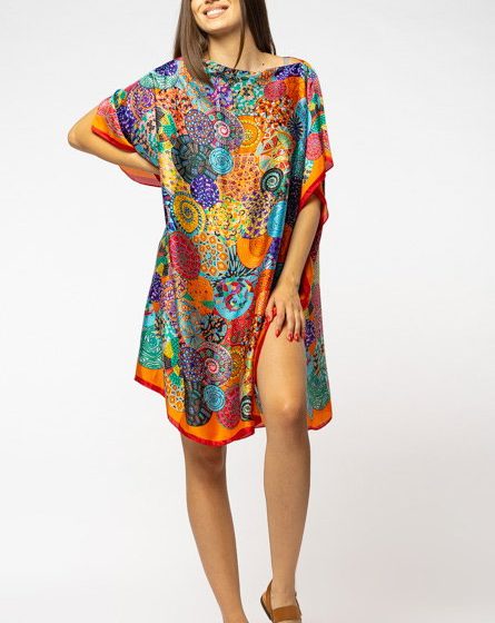 Rochie de plaja tip poncho din matase imprimat cu mandale multicolore