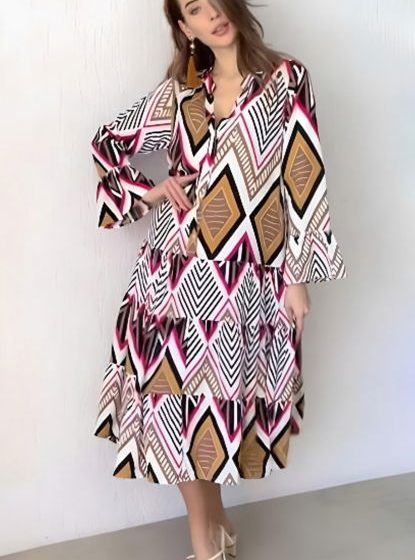 Rochie din bumbac cu volane si imprimeu romburi
