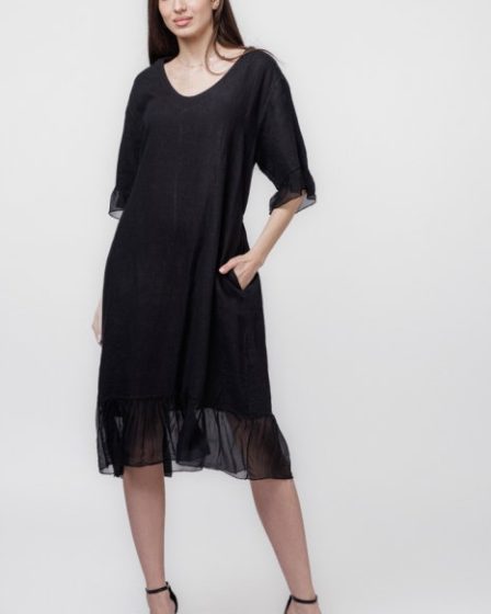 Rochie din in neagra cu volane din matase si snur in talie