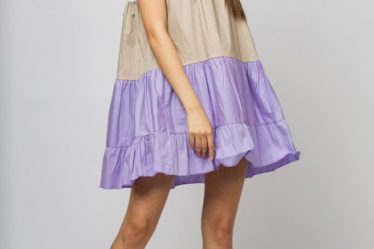 Rochie din poplin de bumbac cu trei volane colorate lila - bej - alb