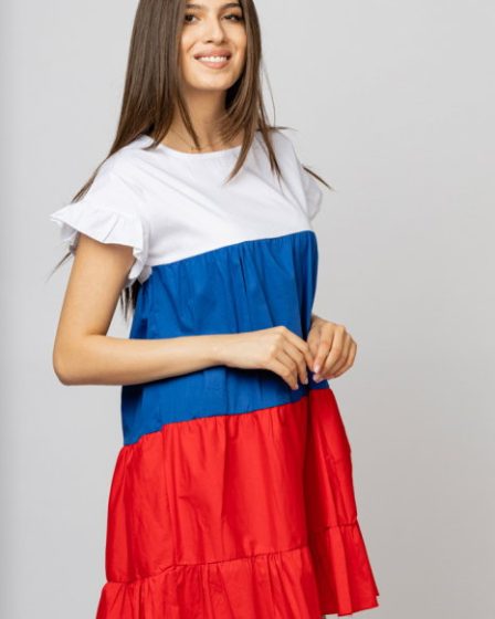 Rochie din poplin de bumbac cu trei volane colorate rosu-albastru-alb