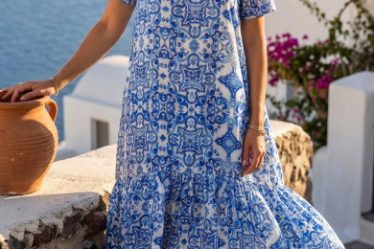 Rochie din vascoza satinata cu imprimeu mediteranean albastru