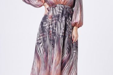 Rochie eleganta cu bust petrecut si imprimeu predominant negru-aramiu