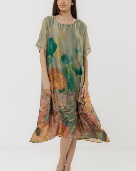 Rochie eleganta satinata A-line cu croiala lejera si imprimeu floral in tonuri bej-verde-oranj