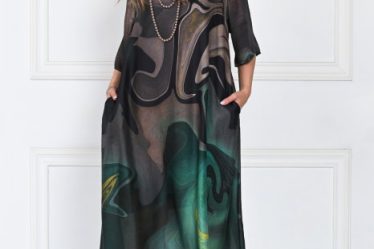 Rochie eleganta satinata A-line cu imprimeu abstract si croi lejer fluid