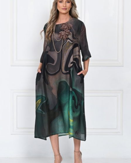 Rochie eleganta satinata A-line cu imprimeu abstract si croi lejer fluid