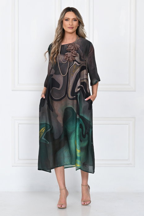Rochie eleganta satinata A-line cu imprimeu abstract si croi lejer fluid