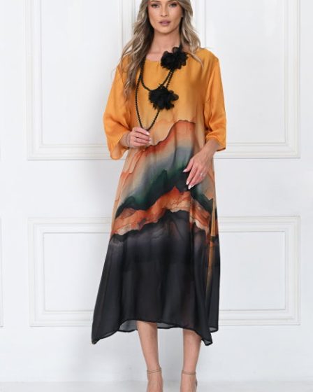 Rochie eleganta satinata A-line cu imprimeu artistic si croi lejer fluid