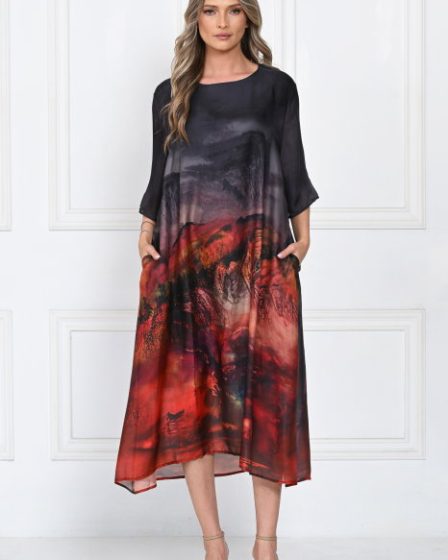 Rochie eleganta satinata A-line cu imprimeu artistic si croi lejer fluid