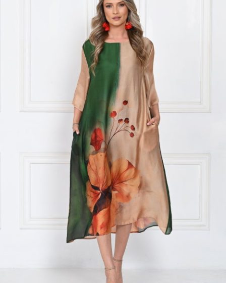 Rochie eleganta satinata A-line cu imprimeu floral artistic si croi lejer fluid