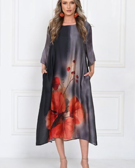 Rochie eleganta satinata A-line cu imprimeu maci rosii si croi lejer fluid