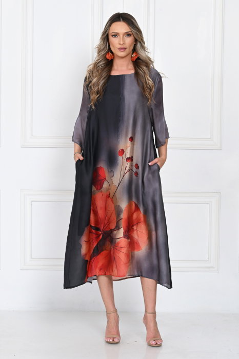 Rochie eleganta satinata A-line cu imprimeu maci rosii si croi lejer fluid