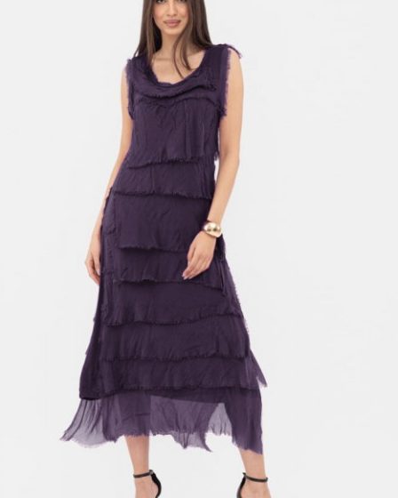 Rochie indigo din matase si vascoza cu  volane franjurate suprapuse