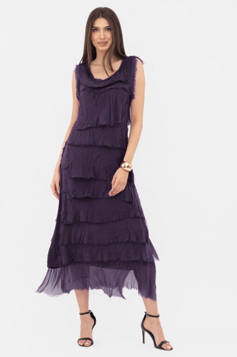 Rochie indigo din matase si vascoza cu  volane franjurate suprapuse