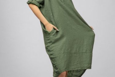 Rochie kaki din in Stella Milani cu inel metalic pe spate
