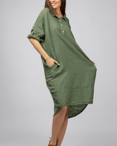 Rochie kaki din in Stella Milani cu inel metalic pe spate
