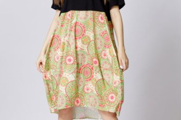 Rochie lalea cu bust negru si imprimeu mandale verde deschis