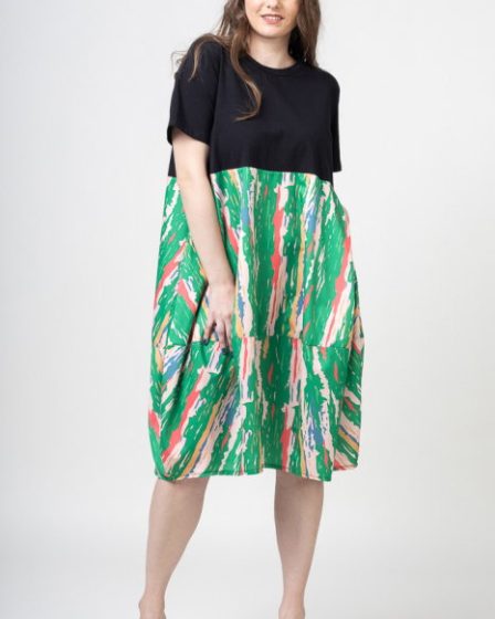 Rochie lalea cu bust negru si imprimeu predominant verde