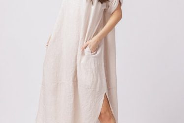 Rochie lalea oversize din in cu buzunare si crapaturi laterale rotunjite