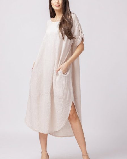 Rochie lalea oversize din in cu buzunare si crapaturi laterale rotunjite
