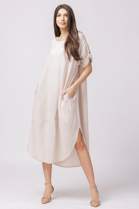 Rochie lalea oversize din in cu buzunare si crapaturi laterale rotunjite