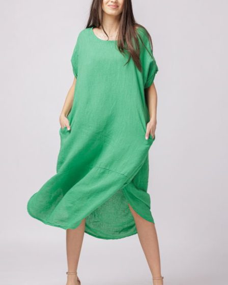 Rochie lalea oversize din in cu buzunare si crapaturi laterale rotunjite