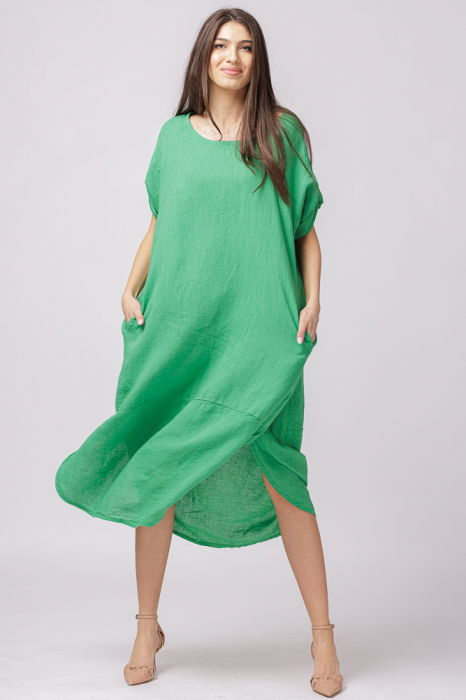 Rochie lalea oversize din in cu buzunare si crapaturi laterale rotunjite