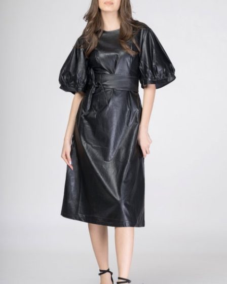 Rochie lunga cambrata din piele ecologica cu maneci bufante