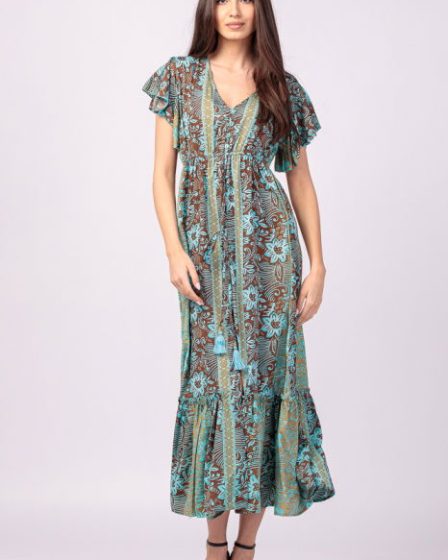Rochie lunga cu volan si imprimeu floral