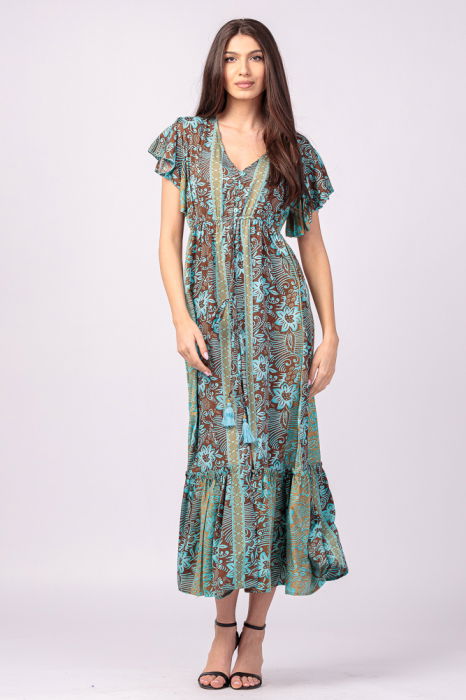 Rochie lunga cu volan si imprimeu floral