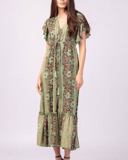 Rochie lunga cu volan si imprimeu floral