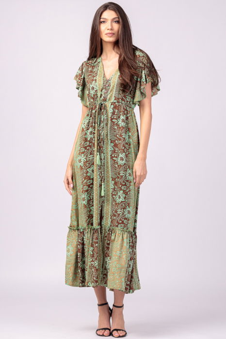 Rochie lunga cu volan si imprimeu floral