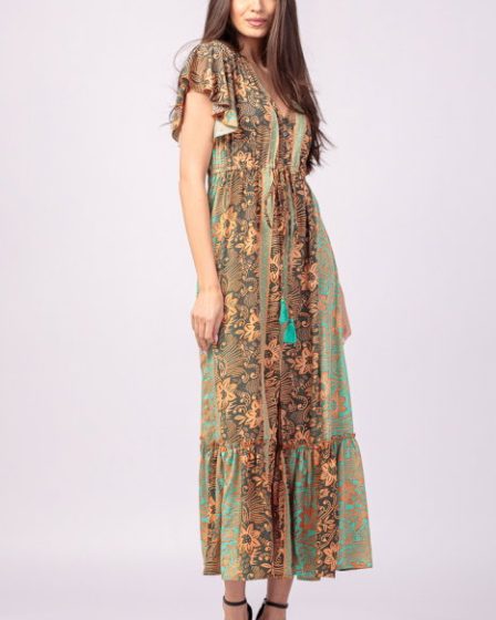 Rochie lunga cu volan si imprimeu floral