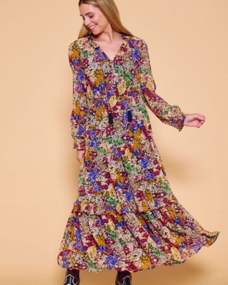 Rochie lunga cu volane si imprimeu floral in nuante de toamna