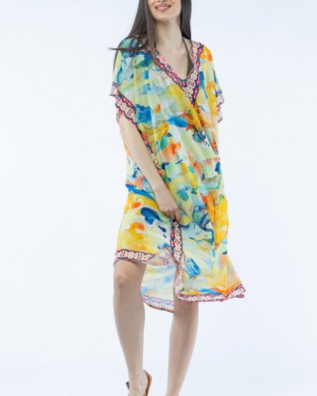 Rochie lunga de plaja tip poncho cu imprimeu acuarela multicolora