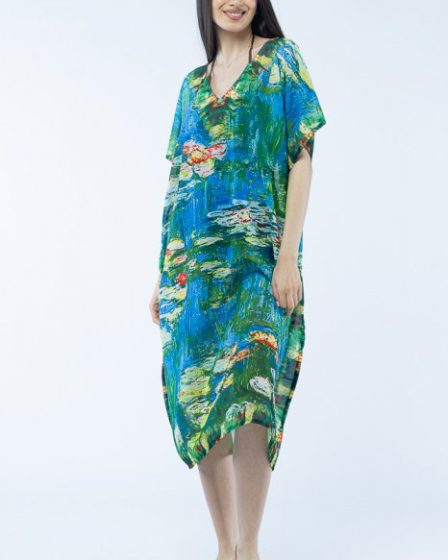 Rochie lunga de plaja tip poncho cu imprimeu dupa   Nuferii   de Claude Monet