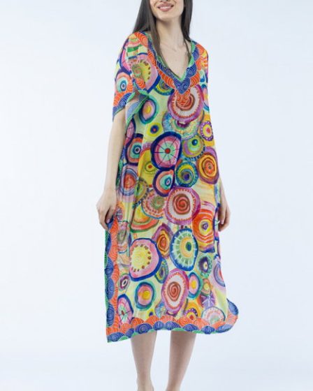 Rochie lunga de plaja tip poncho cu imprimeu mandale multicolore