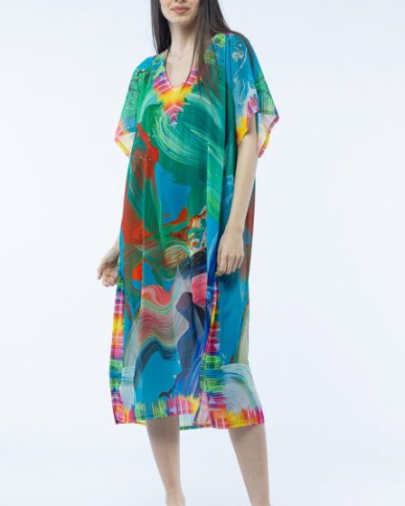 Rochie lunga de plaja tip poncho cu imprimeu pensulat multicolor