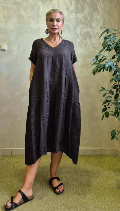 Rochie lunga din in A-line cu decolteu in V si croiala lejera