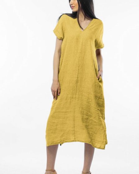 Rochie lunga din in cu funda pe spate