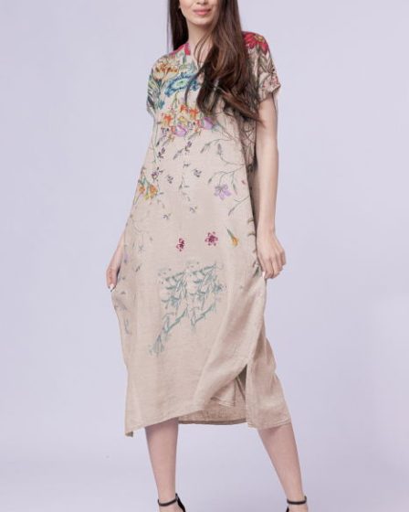 Rochie lunga din in cu imprimeu pictural floral si funda pe spate