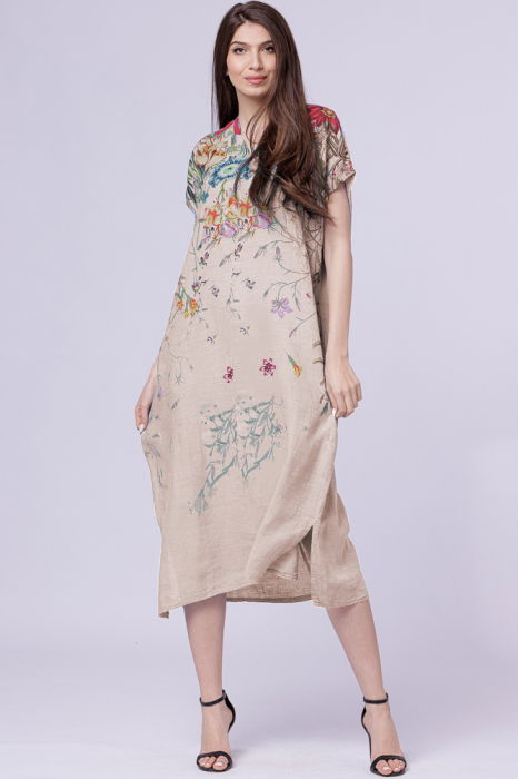 Rochie lunga din in cu imprimeu pictural floral si funda pe spate